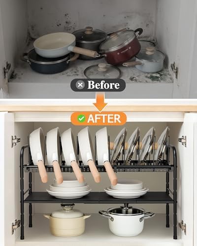 Pots and Pans Organizer Under Cabinet, 2-Tier Expandable Pot Rack