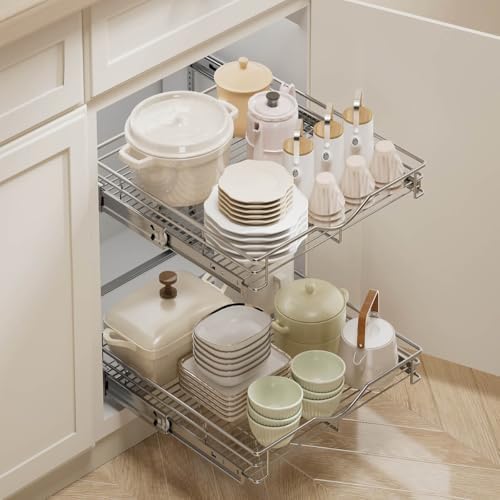2 Tier Pull Out Cabinet Organizer (17" W X 21" D), Double Tier Wire Basket Slide Out Shelf Storage for Kitchen Base Cabinet, Chrome Finish