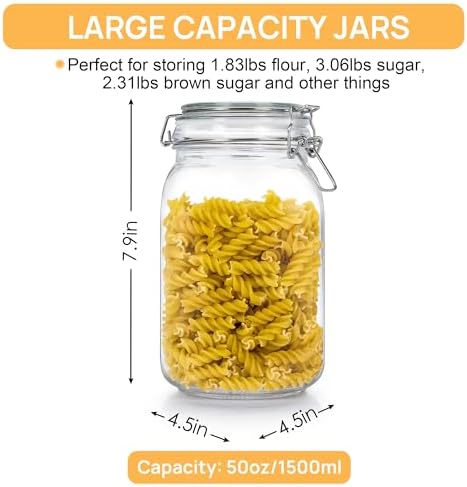 50oz Glass Food Storage Jars with Airtight Clamp Lids, 3 Pack