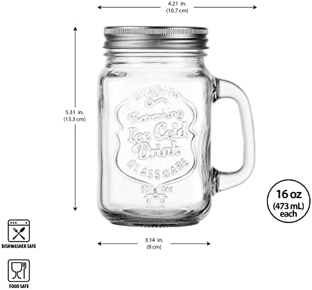 Mason Drinking Jars – Set of 4, 15.25 Oz Clear Glass Jar with Handle and Lid. – Ice-Cold Drink Glassware Logo – Glass Mugs Ideal for Cold Beverages, Juice, Smoothie, Cocktails.