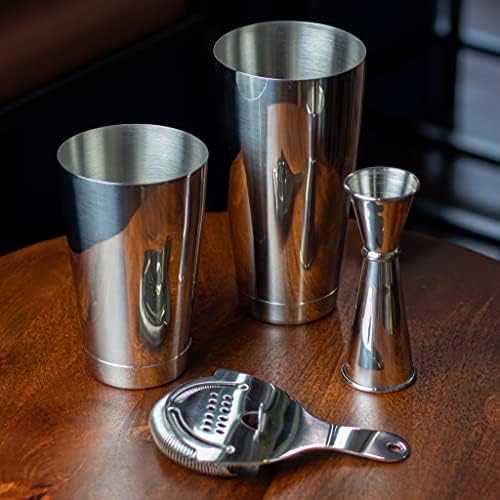 Professional Cocktail Shaker Set Bartending Kit: Weighted Boston Shaker Tins, Hawthorne Strainer and Japanese Jigger
