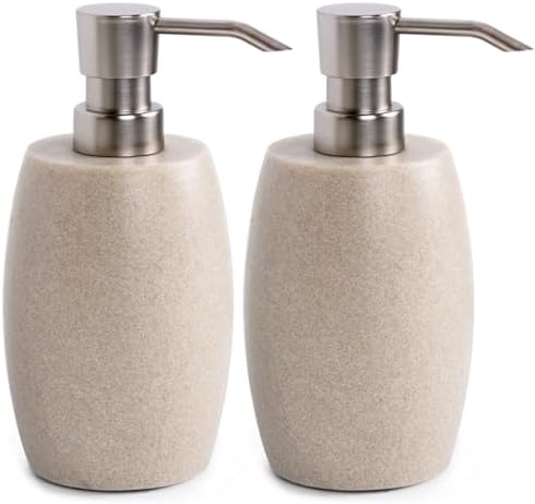 Sandstone Textured Resin Soap Dispenser with Metallic Pump and Waterproof Bottle Labels for Bathroom Kitchen Dish Hand Wash Shower Lotion Shampoo, 12 Oz, 2 Sets Beige