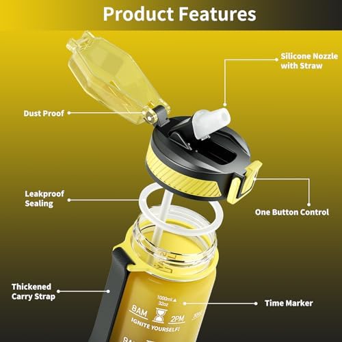 Water Bottle with Straw, 32oz Sports Water Bottles with Time Marker