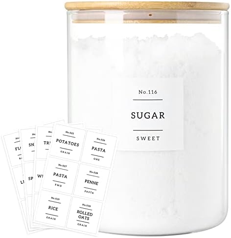 Large Glass Flour and Sugar Containers Jars with Bamboo Airtight Lid - 100 Fl Oz (3000ml) with Kitchen 42 Pantry Labels for Dry Food, Flour, Pasta, Cereal