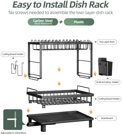 2-Tier Dish Drying Rack for Kitchen Counter, Space-Saving, Black