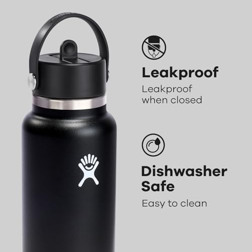 Hydro Flask Water Bottle - Insulated Stainless Steel - Wide Straw Lid, Non Spill, Leakproof in 32 Oz Black