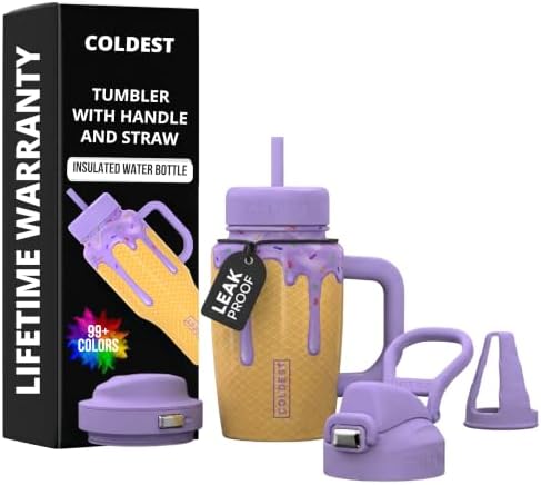 Coldest Tumbler with Handle & Coffee Lid - 100% Spill Proof Tumbler (3 Lids) - Stainless Steel Insulated Leakproof Tumblers for Women & Men - Cup Holder Friendly - 15 oz (I Love Icecream) by Coldest