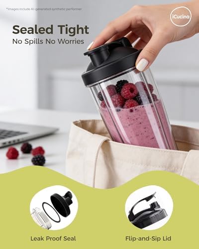 ICUCINA - 28 Oz Blender Cup Replacement with To-Go Lids, Cups for Protein Shakes, BPA Free Smoothie Cups (Pack of 2) - Image 4