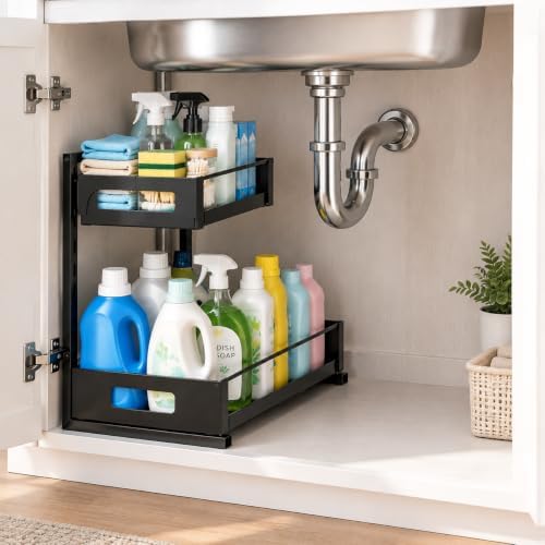 Under Sink Organizer, Adjustable Height 2 Tier Pull Out Cabinet Organizer
