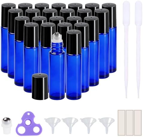 PrettyCare Roller Bottles For Oils 10 ml (Blue Glass, 24 Pack, 2 Extra Stainless Steel Balls, 2 droppers, 1 small brush, 24 Labels, 1 Opener, 1 Funnels Essential Oil Roller Bottles, Roller on Bottles by PrettyCare