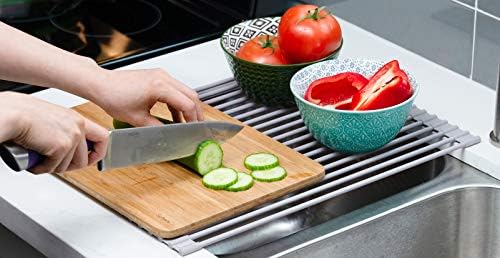 20.5 x 13.1 Inch Roll-Up Dish Drying Rack, Fits Across Sink Openings up to 19.5 Inches, Silicone-Covered Surface, Stainless Steel Core, Warm Gray