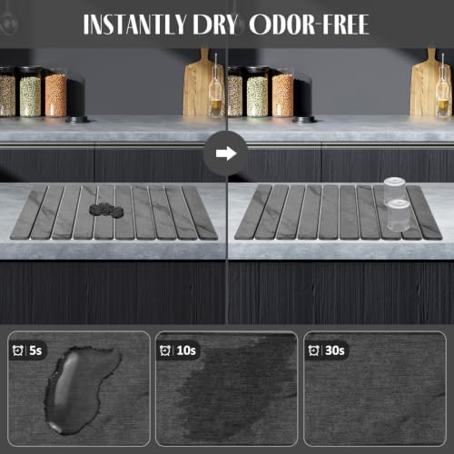 2 PCS Large Stone Dish Drying Mat for Kitchen Counter, 24"×16" Marble-Pattern Dish Drying Mat with 8"x 4" Coasters, Non - Slip Collapsible Absorbent Mat for Multi - Purpose, Match Any Countertop【Gray】