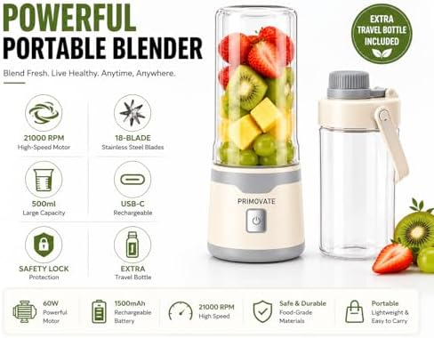 Portable Blender 2026 Model, 450ML, 18-Blade Powerful Smoothie Maker, USB Type-C Rechargeable, Ice Crushing Personal, 1500mAh Battery, 60W Motor, Travel Blender with Extra Jar & Lid - Image 2