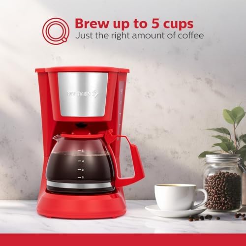 Holstein Housewares 5 Cup Drip Coffee Maker – Compact and User-Friendly with Auto Pause & Serve, Reusable Filter & Glass Carafe, Office & Dorm Use, Red - Image 2