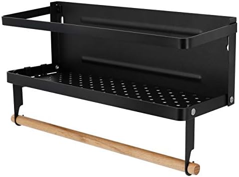 Magnetic Fridge Spice Rack- Space Saving Organizer Black Shelf on Refrigerator, Kitchen Paper Towel Holder, Foldable Design (Black-Small)