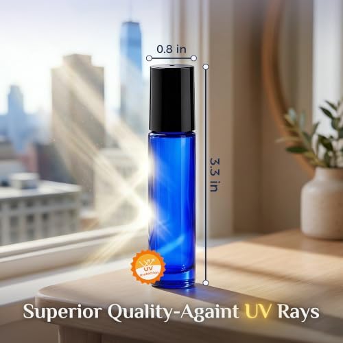 PrettyCare 60 Pack, Bulk 10 ml Essential Oil Roller Bottles with Stainless Steel Roller Ball - Bulk Refillable Leak-proof Empty Thick Blue Glass Roll on Bottles with Black Caps for Travel, Perfume - Image 2