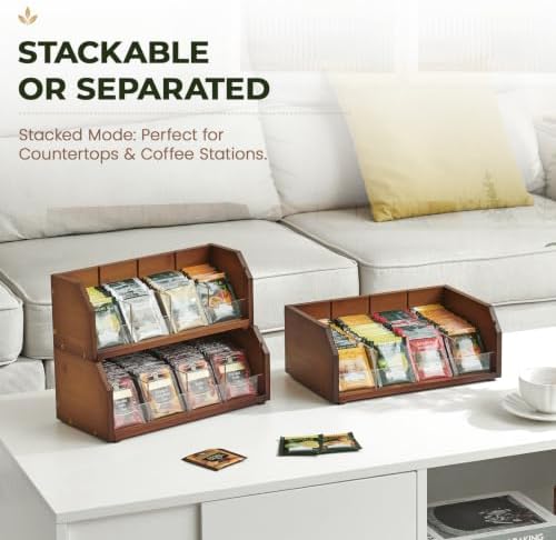 3-Layer Stackable Bamboo Tea Bag Organizer Storage Holder, Brown