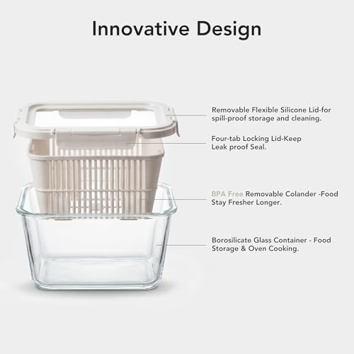 Glass Produce Storage Containers for Fridge, 2-Set – Airtight Fruit & Vegetable Containers with Removable Colanders, Flexible Silicone Lids,LeakProof, BPA-Free Borosilicate Glass