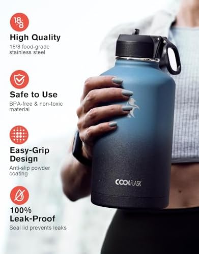 Half Gallon Water Bottle Insulated with Straw & 3 Leakproof Lids