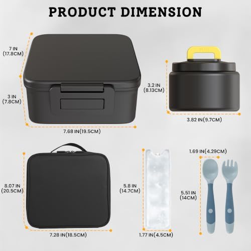 Bento Lunch Box with 8oz Soup Thermo and Insulated Lunch Bag, Kids Leakproof Lunch Food Containers with 5 Compartment, Boys Girls Thermo Hot Food Jar for Travel, School, BPA Free (Black)