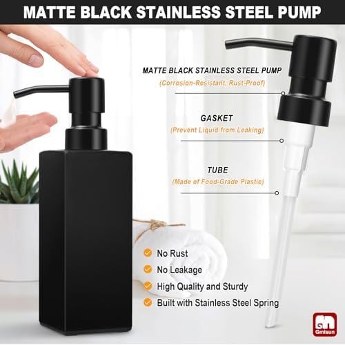 Black Soap Dispenser, Hand Soap Dispenser Bathroom, 12oz Glass Soap Dispenser with Stainless Steel Pump, Liquid Dish Soap Dispenser for Kitchen, Modern Bathroom/Kitchen Soap Dispenser Set