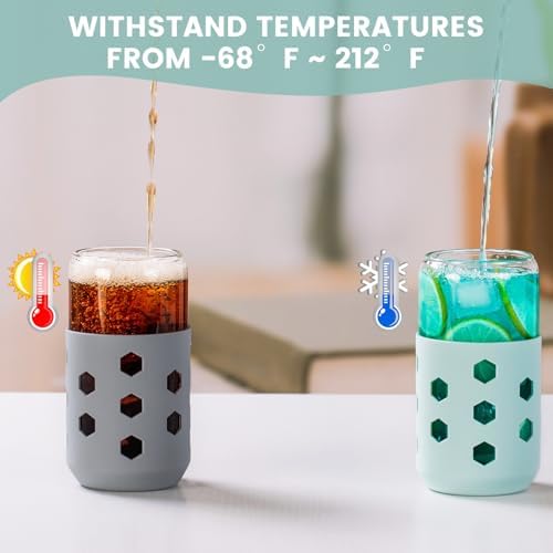 16 oz Glass Cups with Lids and Straws for Gift, 4-Pack, Grey