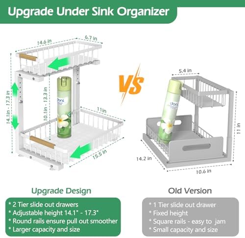 Under Sink Organizer 2 Packs, Pull Out Kitchen Sink Organizer, 2 Tier Slide Out Kitchen Organizers and Storage Bathroom Under Cabinet Storage Shelf, White