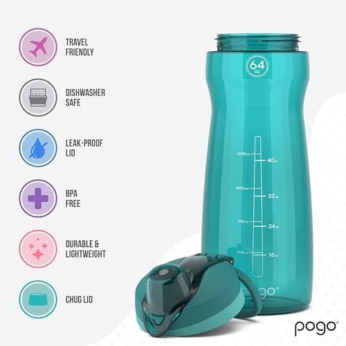 Pogo 64oz Plastic Water Bottle with Chug Lid and Carry Loop, Teal - Image 3