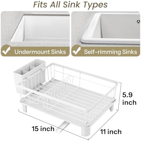 Dish Drying Rack for Small Kitchen Counter, 11" W x 15" L, White