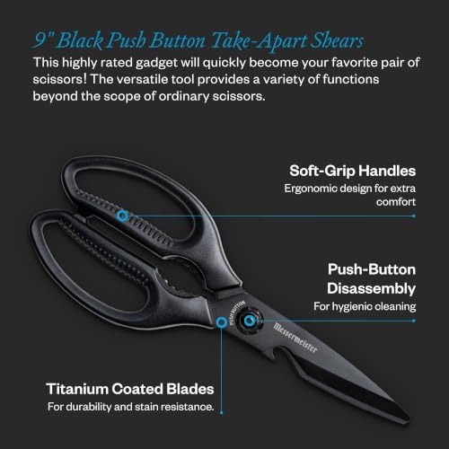 9-Inch Push Button Take-Apart Shears - High-Carbon Stainless Steel & Soft-Grip Handles - Includes Nut Cracker & Bottle Opener