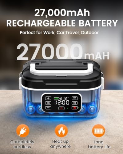 APP Control Cordless Electric Heated Lunch Box for Adults, 6.3 Cup 27000mAh Rechargeable Smart Self Heating Lunchbox, 100W Fast Heating Portable Food Warmer for Men Women Worker, Truckers, Offices