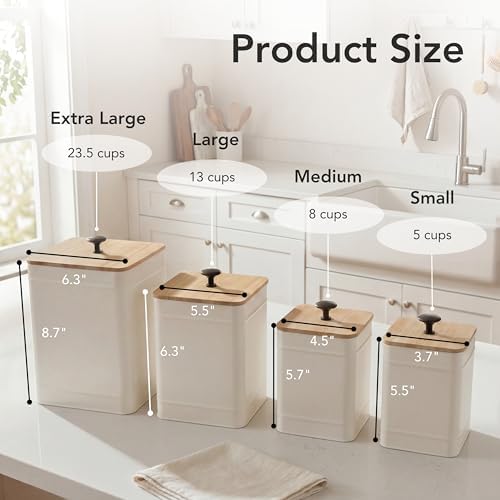 Kitchen Canisters, Airtight Canister Sets for Kitchen Counter, Kitchen Canisters for Countertop Set of 4, Coffee Tea Sugar Flour Spice Tin Jars Food Storage Container with Lid(White)