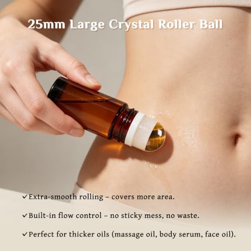 PrettyCare Rose Quartz Roller Bottles for Essential Oils, 50ml Roll On Bottles with Natural Crystal Roller Ball Applicator, Refillable Amber Glass Perfume Bottle (1 Pack, Tiger's Eye Roller) - Image 4