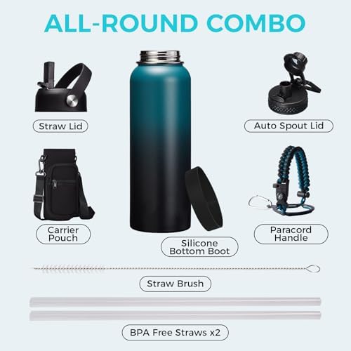 32/40/64OZ Insulated Water Bottle - Keep Cold 48H Hot 24H, Combo Straw/Spout Lids, Paracord Handle for Gym/Hiking, Carrier Bag +Strap, Cup Mat, BPA-Free Stainless Steel Flask Jug