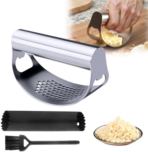 Stainless Steel Garlic Press, 2026 Upgraded Garlic Press Stainless Steel, Garlic Press Rocker, Portable Manual Garlic Crusher, Stainless Steels Garlic Mincer tool with Peeler and Brush (1 Set)