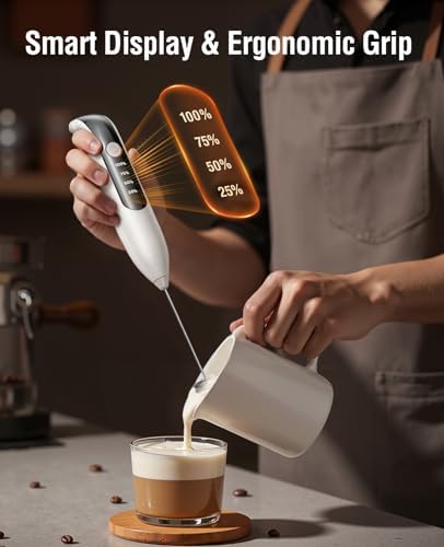 Milk Frother Handheld: LED & Wireless Charge, 3 Heads 3 Speeds -Cloud White - Image 3