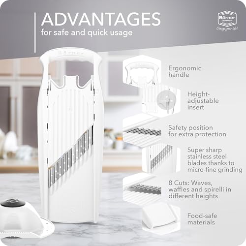 Börner by Reston Lloyd Wave-Waffle Power Line • Crinkle Cut/Spirelli Vegetable Slicer & Food Safety Holder • Slicer for Wave Waffle Cut Style • Multiple Thickness Options • Made in Germany, White - Image 4