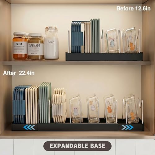 2 Pack Expandable Food Storage Container Lid Organizers, 22" Pots and Pans Organizer Under Cabinet with 9 Adjustable Dividers Pot and Pan Lid Holders Rack Inside Cabinet(Black)