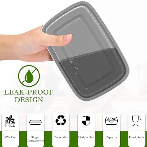 Meal Prep Containers 50 Pack 38oz Reusable, Leakproof Food Storage Containers with Lids, BPA-Free Plastic To Go Take Out Bento Box Stackable Microwave & Freezer Safe