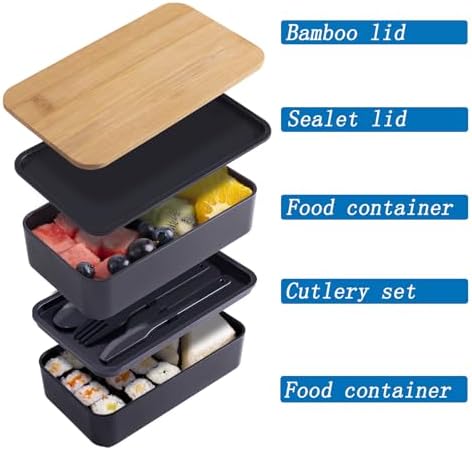 Japanese Bamboo Bento Box with Compartments and Utensils Stackable Lunch Box Includes Lunch Bag for Meal Prep Black