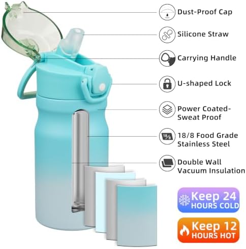BJPKPK 14 oz Insulated Water Bottle, Straw, Handle, Stainless Steel Flask - Image 2
