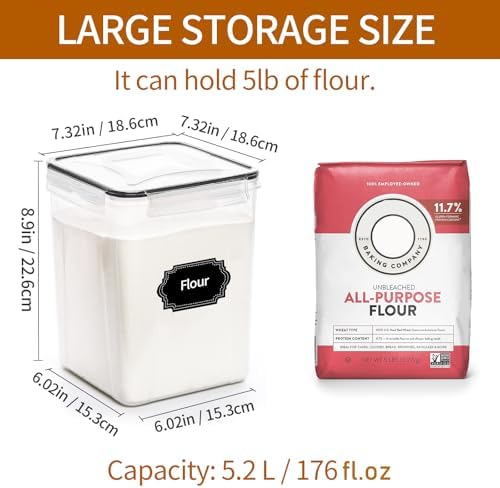4 Pack Large Airtight Food Storage Containers with Lids (5.2L / 176oz), BPA Free Plastic Kitchen and Pantry Organization Contianers for Cereal Flour and Sugar Storage, Labels & Marker