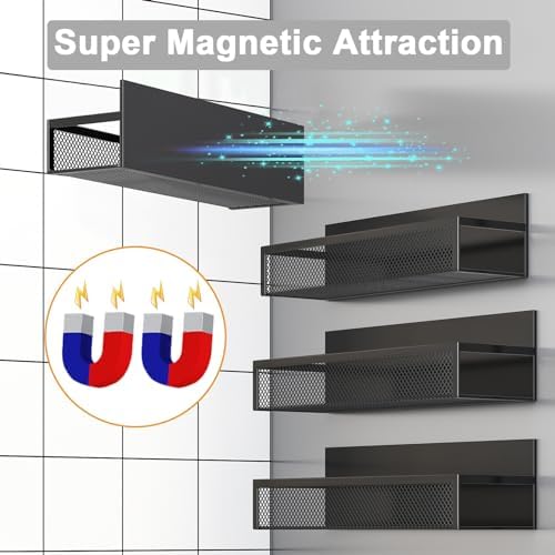 Magnetic Spice Rack for Refrigerator, 4 Pack Magnetic Shelf, Fridge Magnet Organizer with Moveable 8 Hooks, Magnetic Fridge Shelf for Kitchen Organization and Storage (4 Pack)