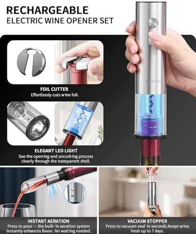 Electric Wine Bottle Opener Set Stainless Steel Rechargeable Wine Opener 8-in-1 Wine Gift Set with Charging base, Foil Cutter, Wine Aerator Pourer, Vacuum Pump & 2 Wine Stoppers, Silver