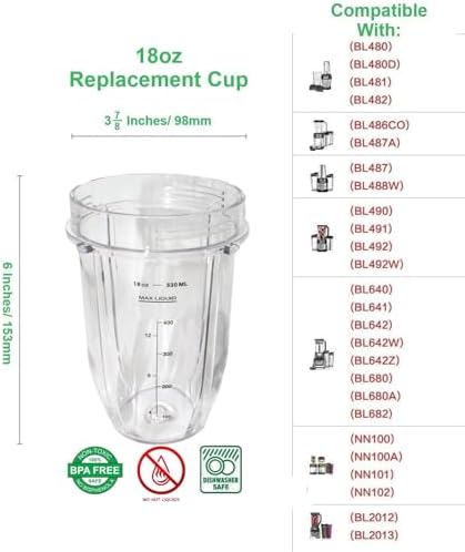 Blendin 18 Ounce Small Cup Jar with Sip N Seal Lids - Replacement Cup Compatible with Nutri Ninja Auto-iQ 1000w Series and Duo Blenders - Premium Blender Cups Replacement (2 Pack) - Image 4