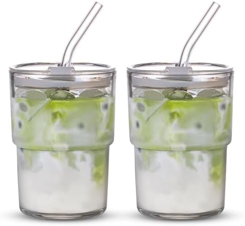 13oz/400ml Tumbler Water Glass, Cups with Straw and Lid Sealed Carry on for Coffee, Iced Tea, Thick Wall Insulated Glass Cup (white,2pack)