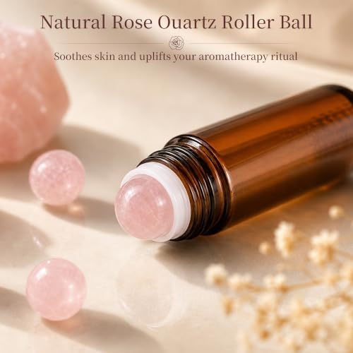 Roller Ball Applicator,Rose Quartz Roller Bottle,50ml Refillable Amber Glass Roll On Bottles with Natural Crystal Roller Balls,Leak-Proof Travel Perfume Bottle with Gold Caps (2Green) - Image 2