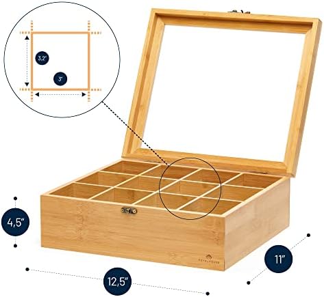 Natural Bamboo Tea Storage Organizer, Clear Acrylic Top, 12 Compartments