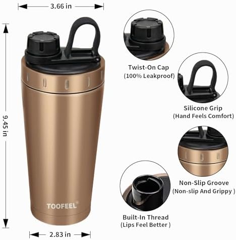 TOOFEEL Insulated Protein Shaker Bottle - 20 oz Stainless Steel Shaker Cups for Protein Shakes, Stays Cold/Hot, Double Walled Vacuum Metal Protein Shaker, BPA Free Leakproof Gym Shaker Bottle - Image 4