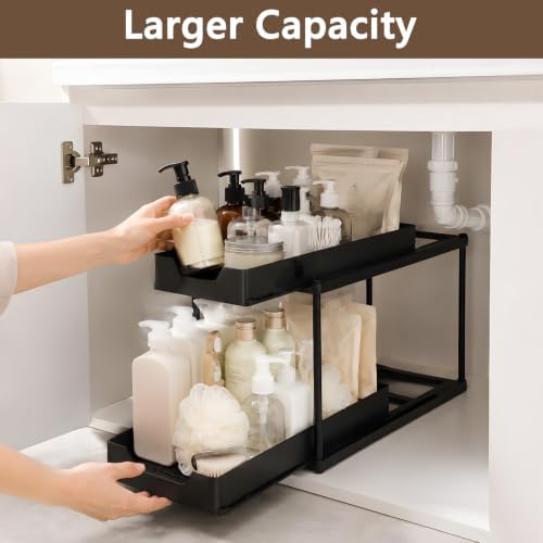 Under Sink Organizer for Bathroom & Kitchen, Large Capacity 2-Layer Sliding